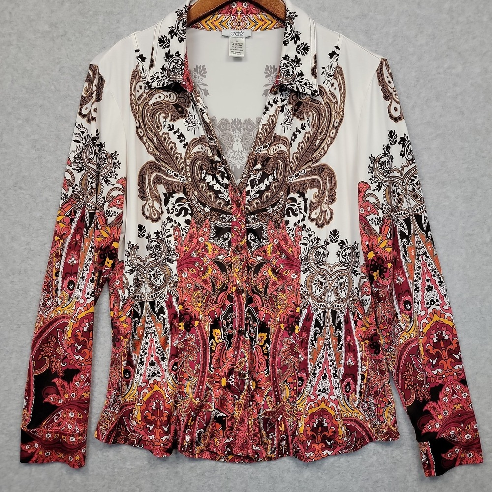 CACHE Paisley Multicolor Print Snap V-neck Blouse Top Stretch Sz XL 90s Colorful